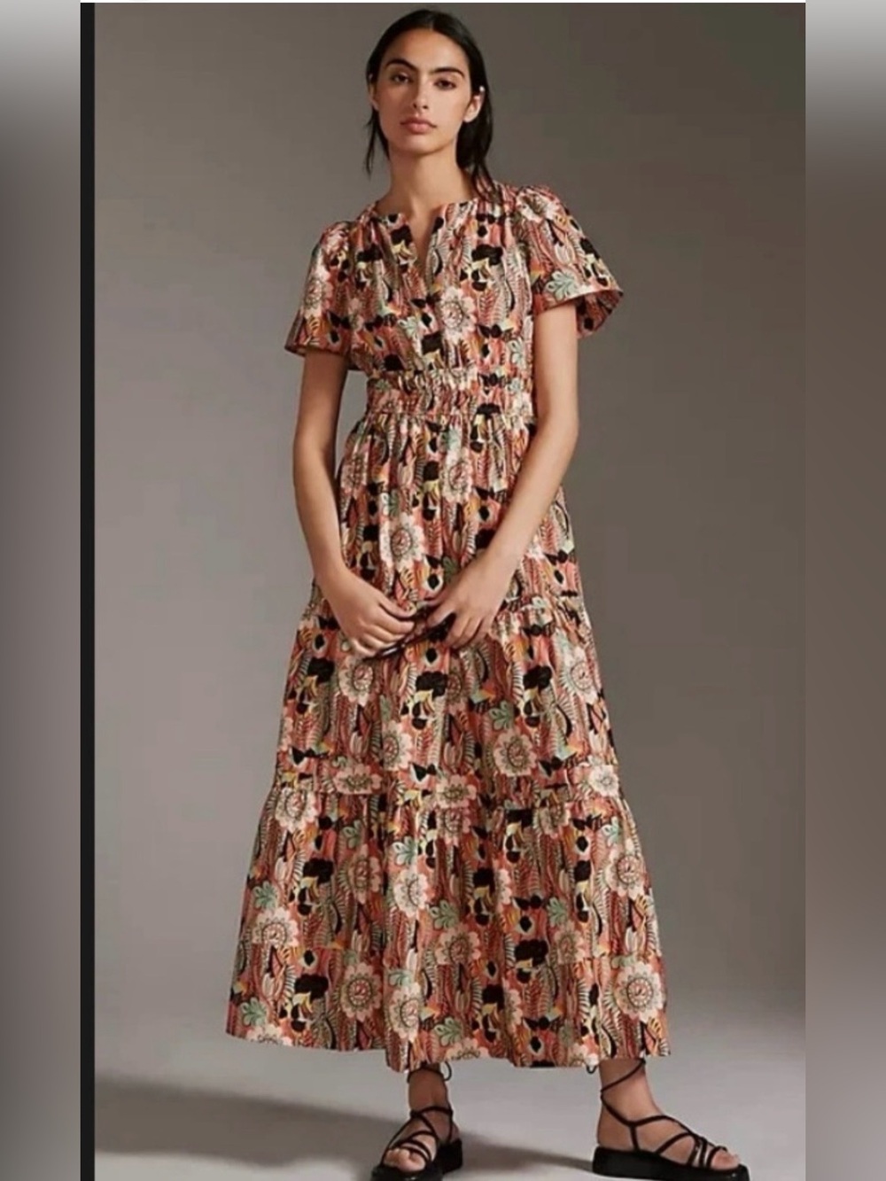 Anthropologie Maeve Somerset Coral, Black & Mint Floral Maxi Dress
